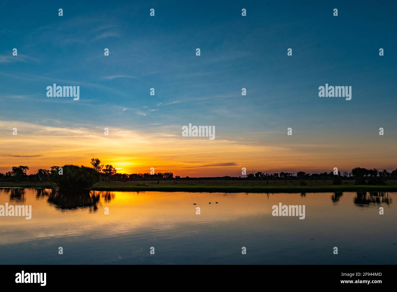 Panoramablick auf Yellow Water, den Kakadu National Park, das Northern Territory, Australien bei Sonnenuntergang Stockfoto