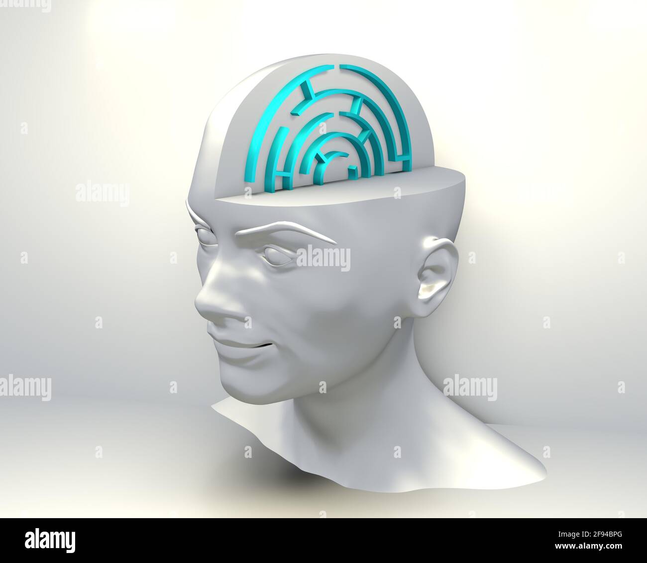 Psychischer Geist. Labyrinth im Kopf. Konzept der verwirrenden, verlorenen, Weg finden, etc. 3D-Rendering Stockfoto