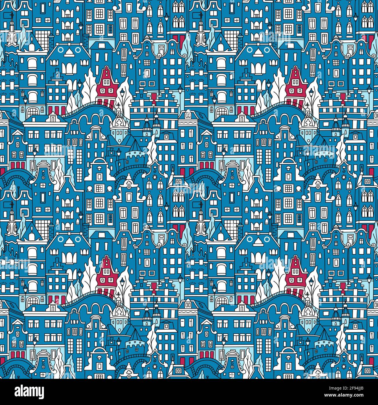 Nahtloses Muster mit Amsterdamer Kanal und typischen holländischen Häusern, Holland, Niederlande. Stock Vektor