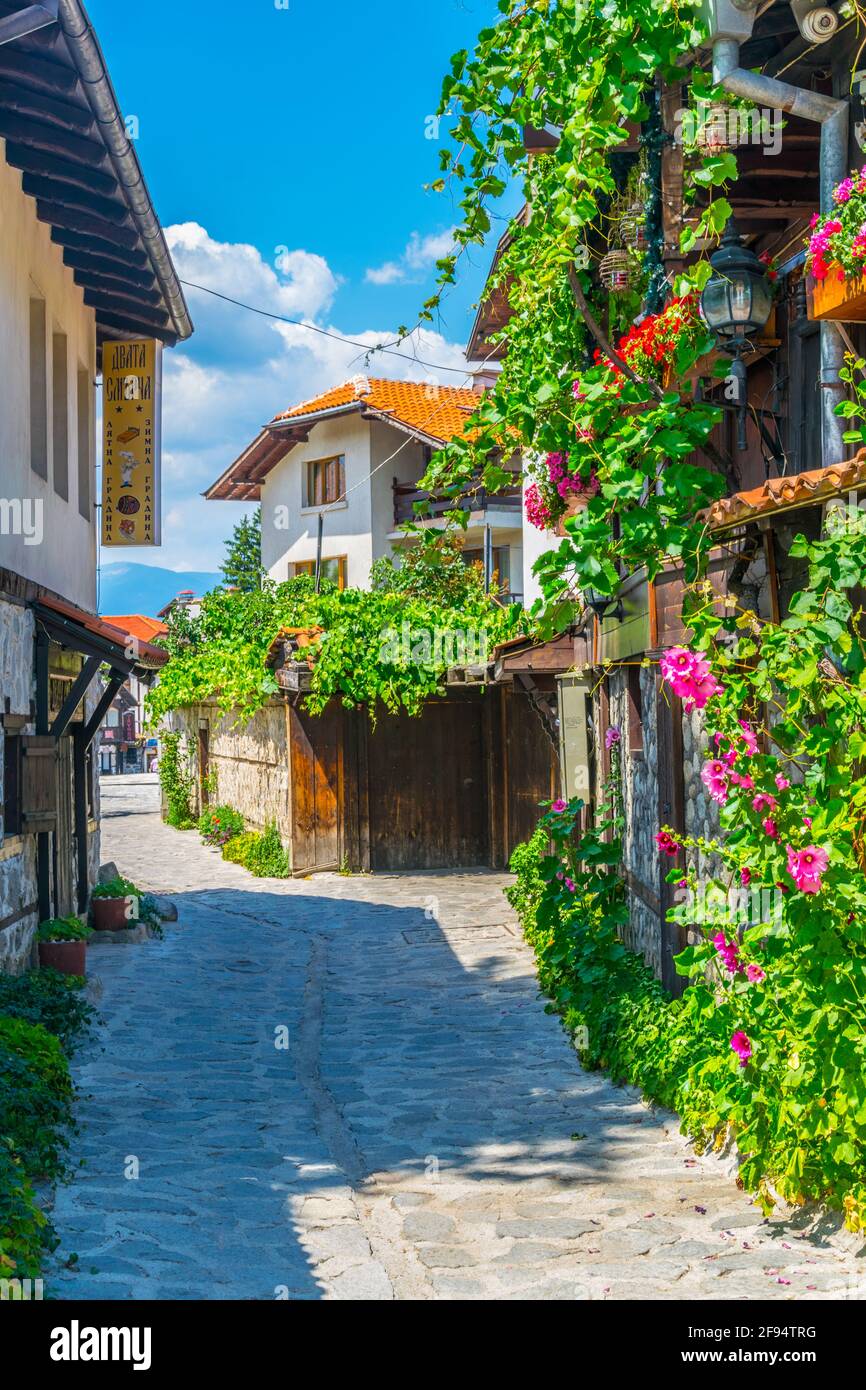 Bulgarische Wiederbelebungshäuser in Bansko Stockfoto