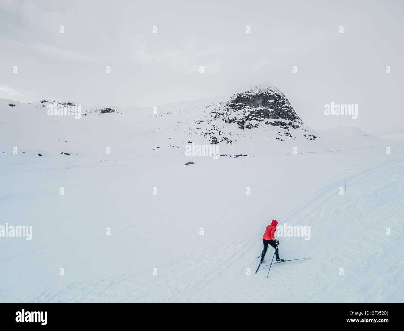 Skilanglaufläufer, die durch eine verschneite arktische Tundra fahren. Stockfoto