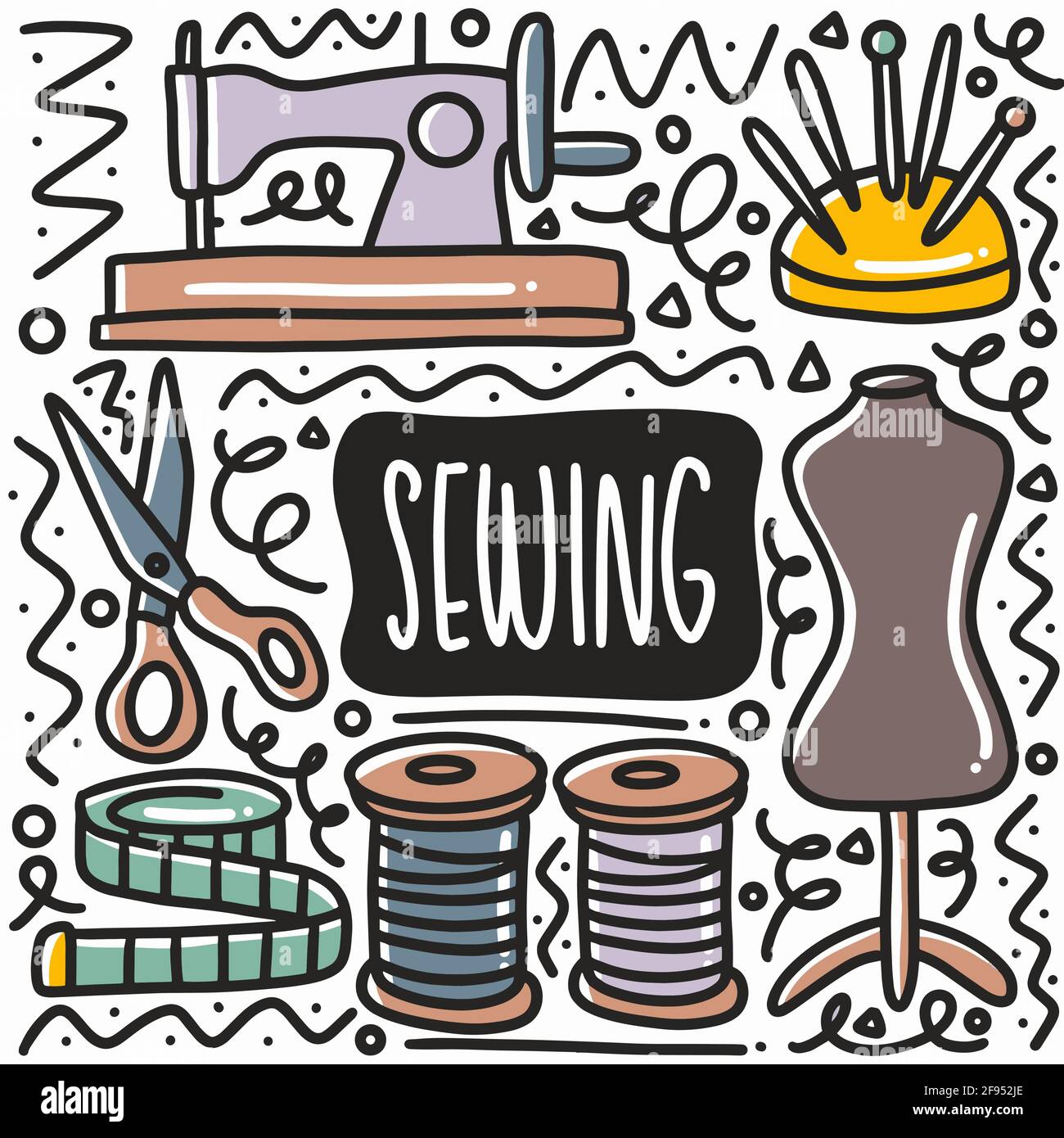 Handgezeichnete Nähausrüstung Doodle Set Stock Vektor