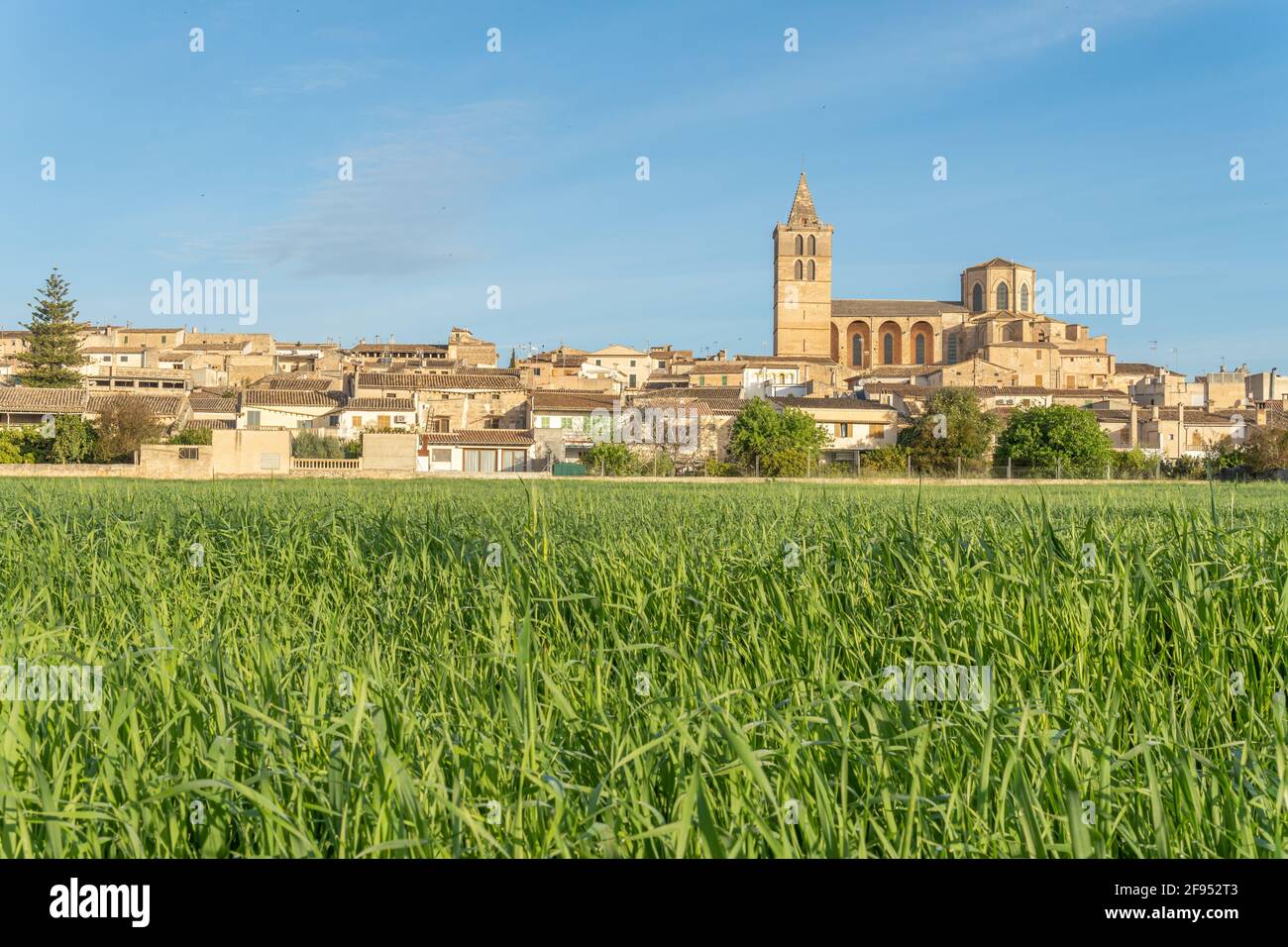 Gesamtansicht der mallorquinischen Stadt Sineu bei Sonnenaufgang An einem sonnigen Frühlingstag Stockfoto