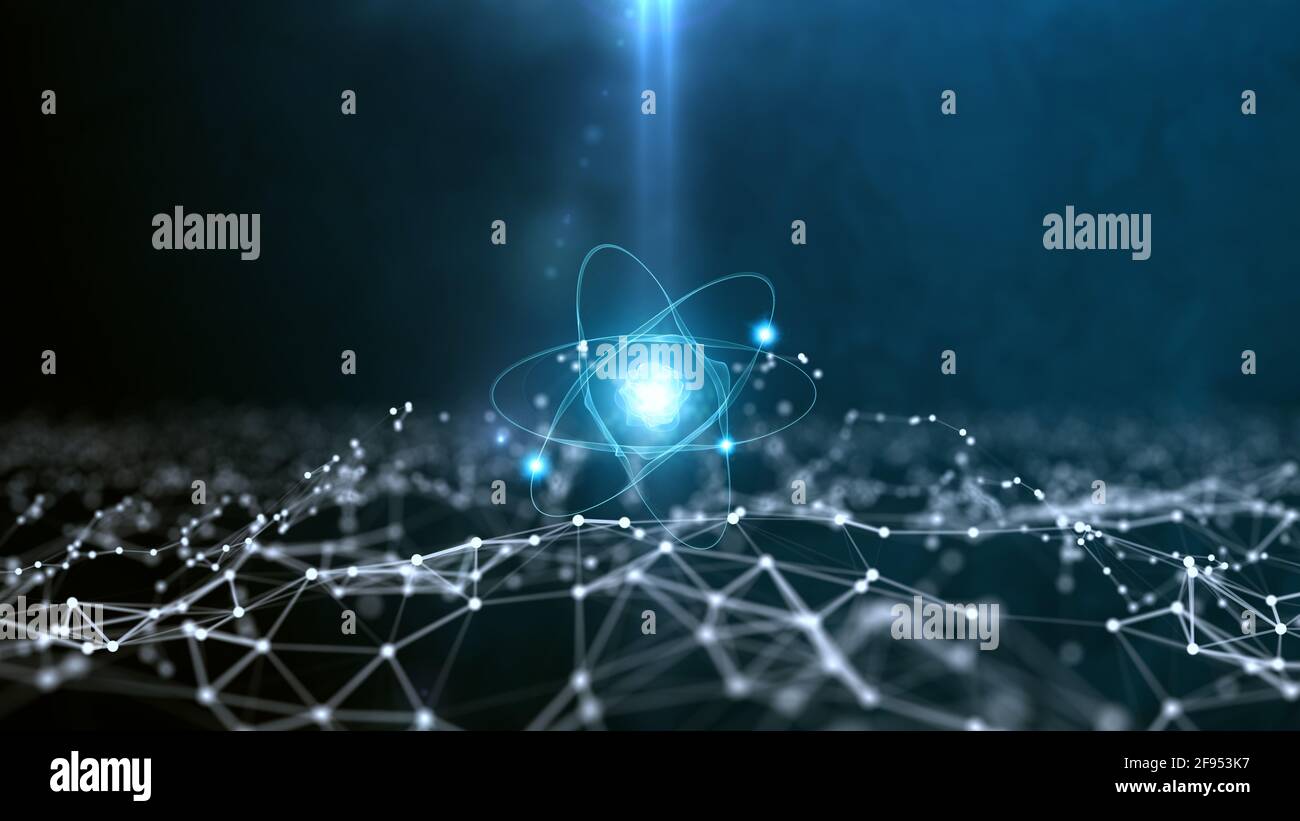 Abstrakter polygonaler Raumhintergrund mit verbindenden Punkten und Linien. Abstrahieren Sie Atom aus Teilchen. 3 d Render. Stockfoto
