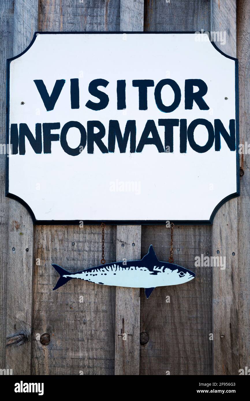 Besucherinformationsschild in Lunenburg in Nova Scotia, Kanada. Die Stadt ist der Standort des Fischereimuseums des Atlantiks und einer funktionierenden Fischerei t Stockfoto