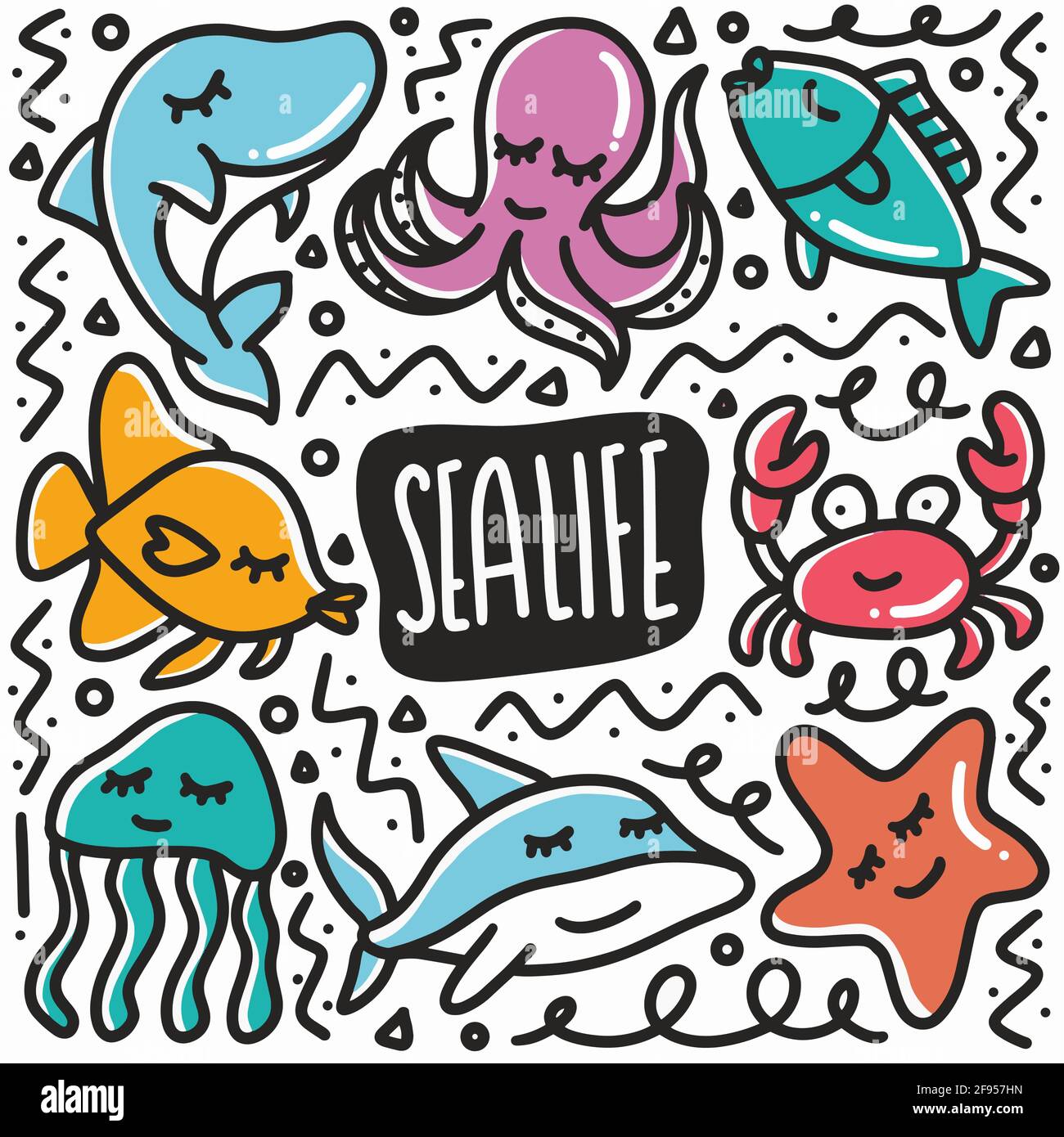 Handgezeichnetes Sea Life-Doodle-Set Stock Vektor
