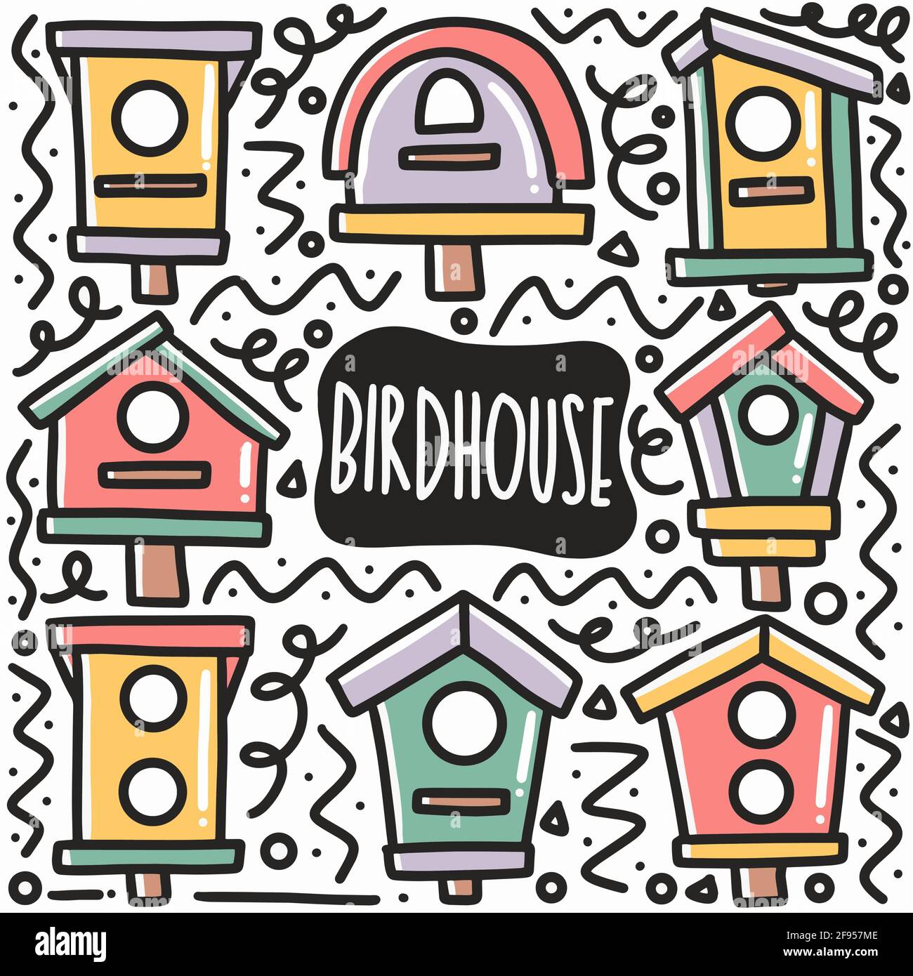 Handgezeichnetes Vogelhaus-Doodle-Set Stock Vektor