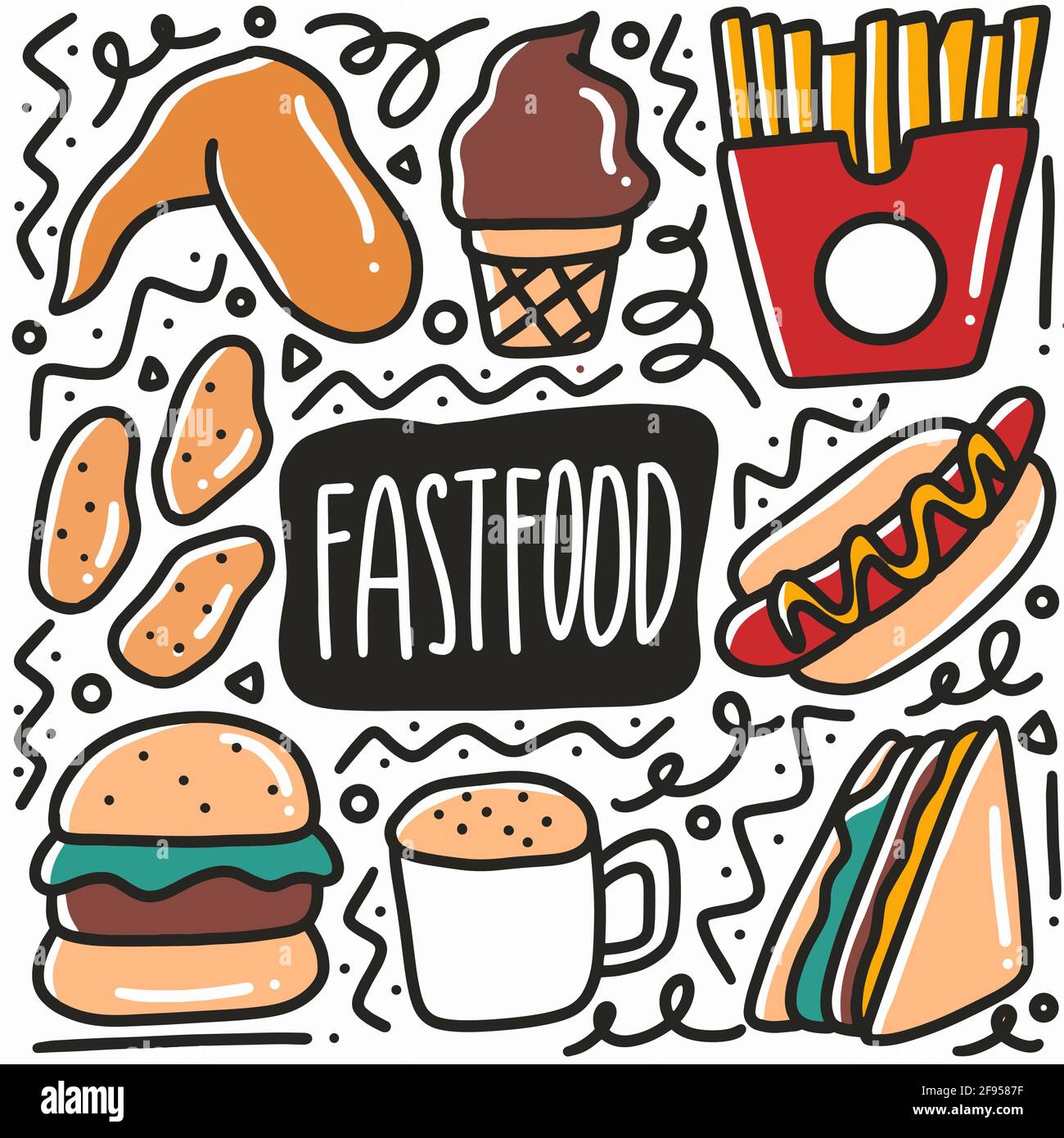 Handgezeichnetes Fast Food Doodle Set Stock Vektor