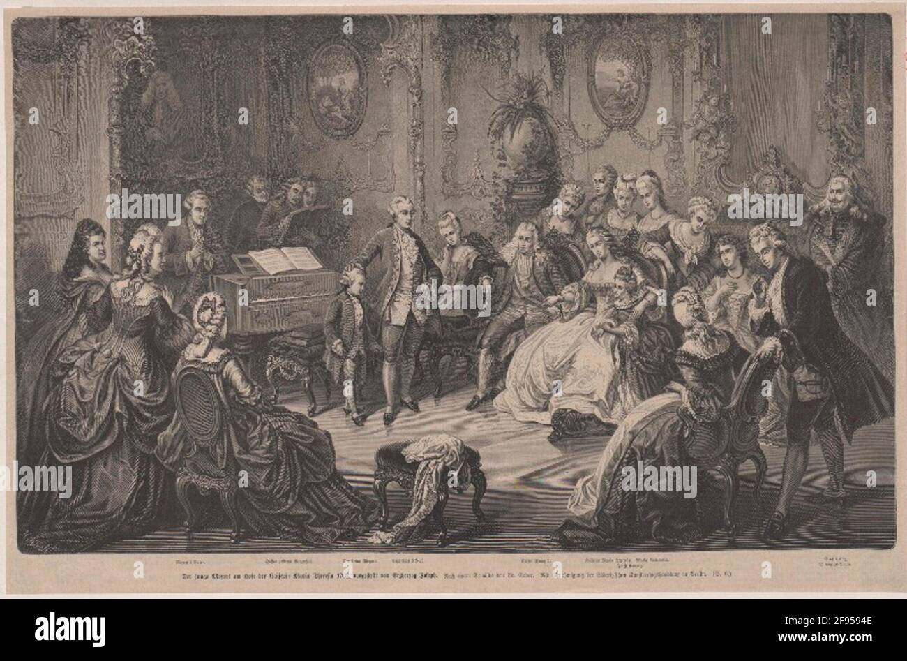 Mozart in Schönbrunn Mozart sechsjähriger in Schönbrunn, präsentiert von Erzherzog Josef dem Kaiserpaar. Holzschnitt nach dem Gemälde von Eduard Ender. Stockfoto