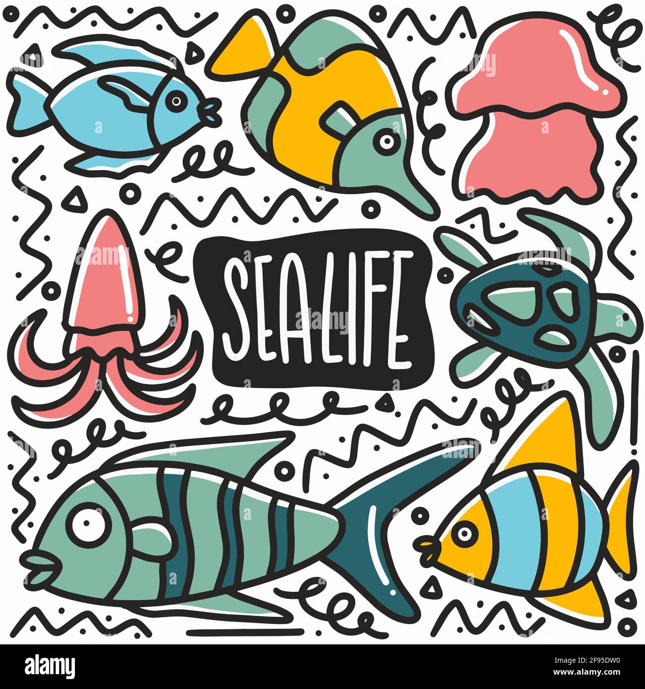 Handgezeichnetes Sea Life-Doodle-Set Stock Vektor