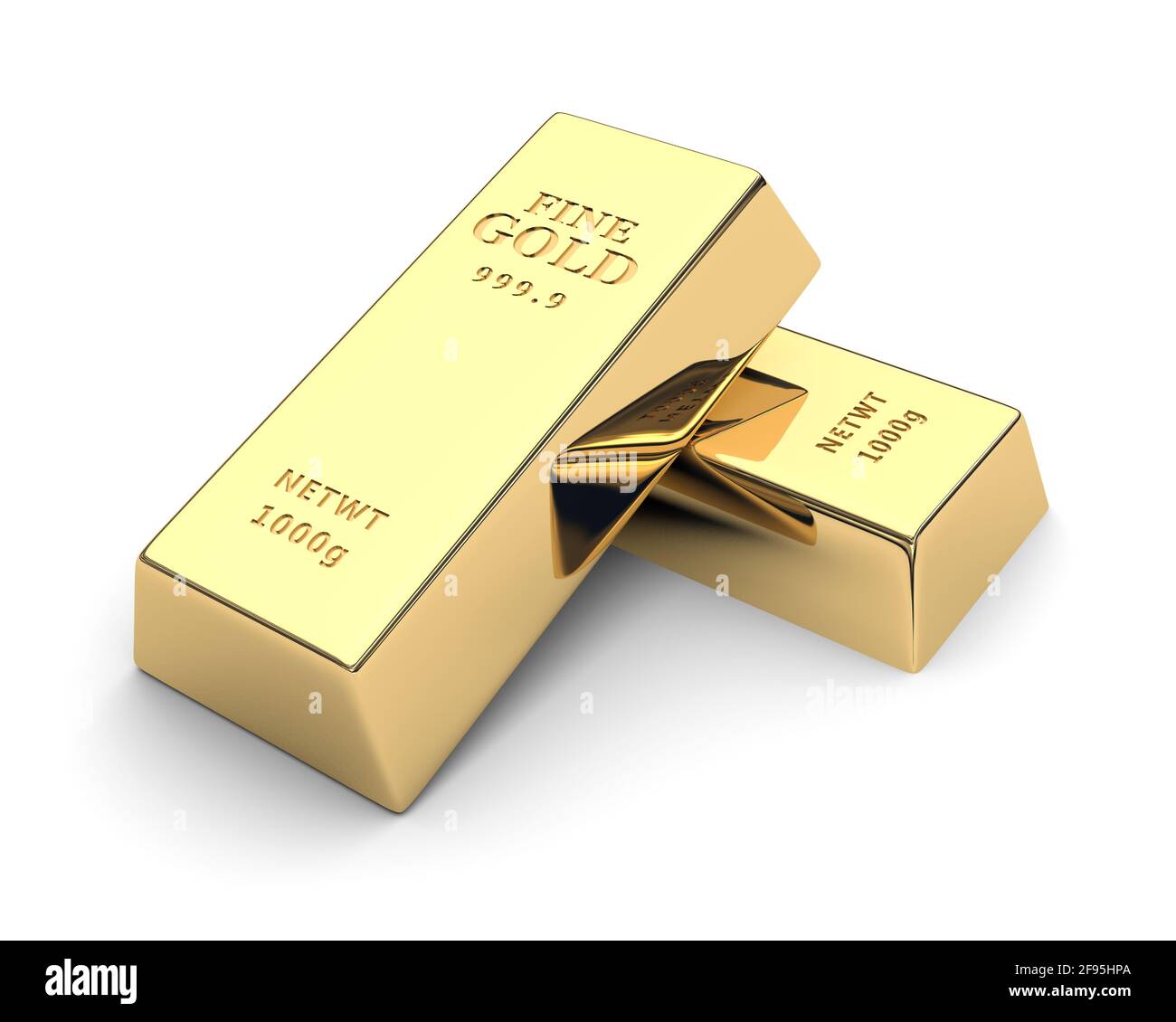 Glänzende Goldbarren isoliert auf einem weißen. 3d-Bild Stockfoto