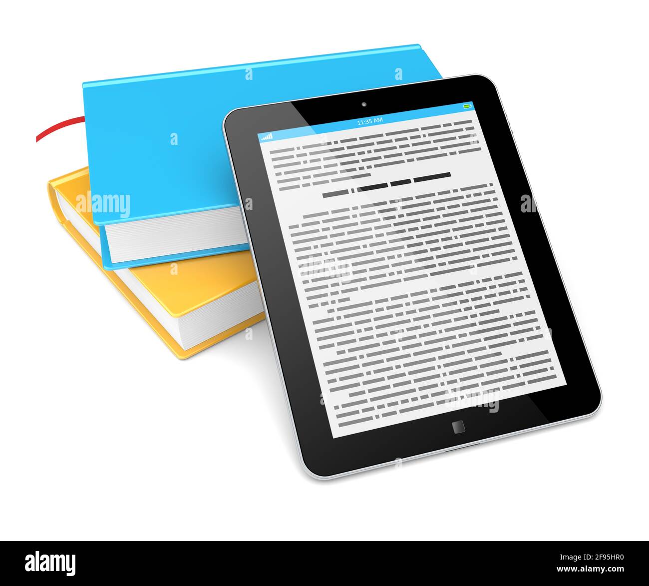E-Book Reader Konzept. Tablet-pc und bunte Bücher auf weißem Hintergrund. 3d-gerendertes Bild Stockfoto