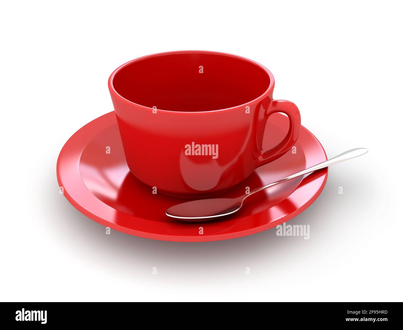 Rote Kaffeetasse und Untertasse mit Löffel auf weißem Hintergrund. 3d-gerendertes Bild Stockfoto