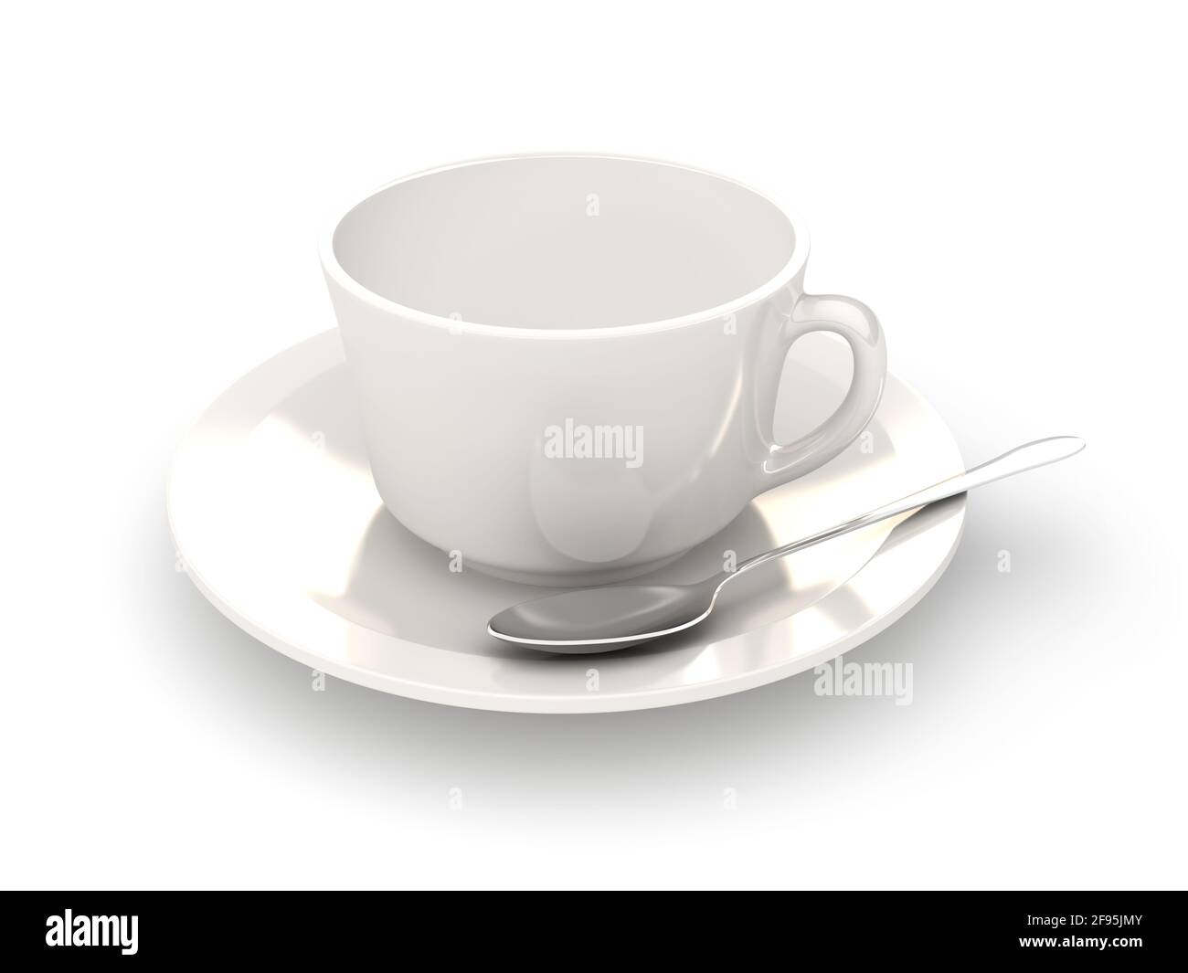 Weiße Kaffeetasse mit silbernem Löffel auf weißem Hintergrund. 3d-gerendertes Bild Stockfoto
