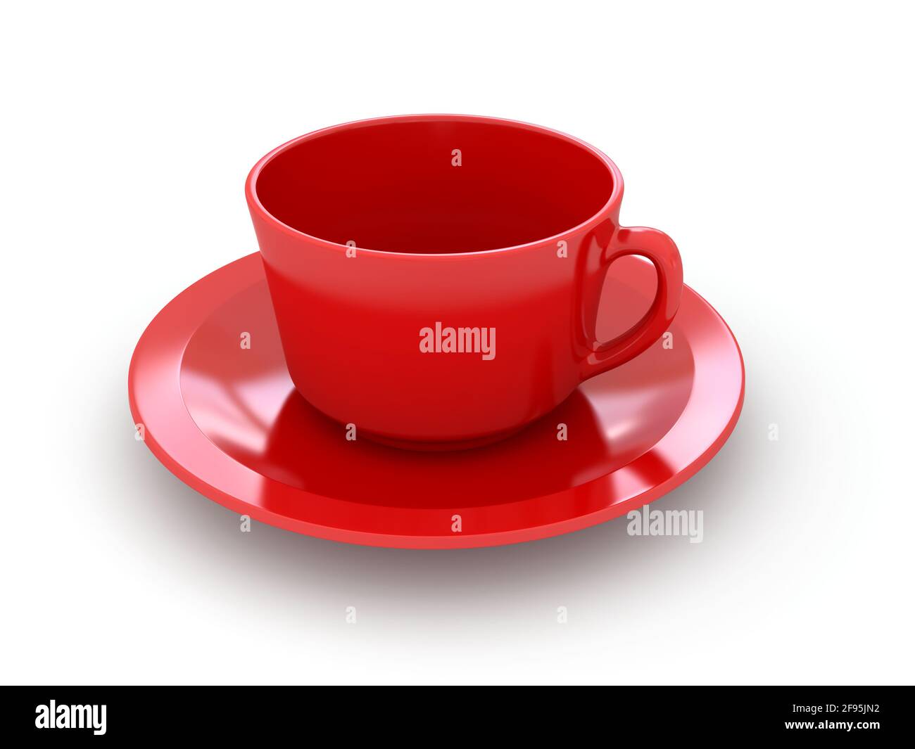 Rote Kaffeetasse und Untertasse auf weißem Hintergrund. 3d-gerendertes Bild Stockfoto