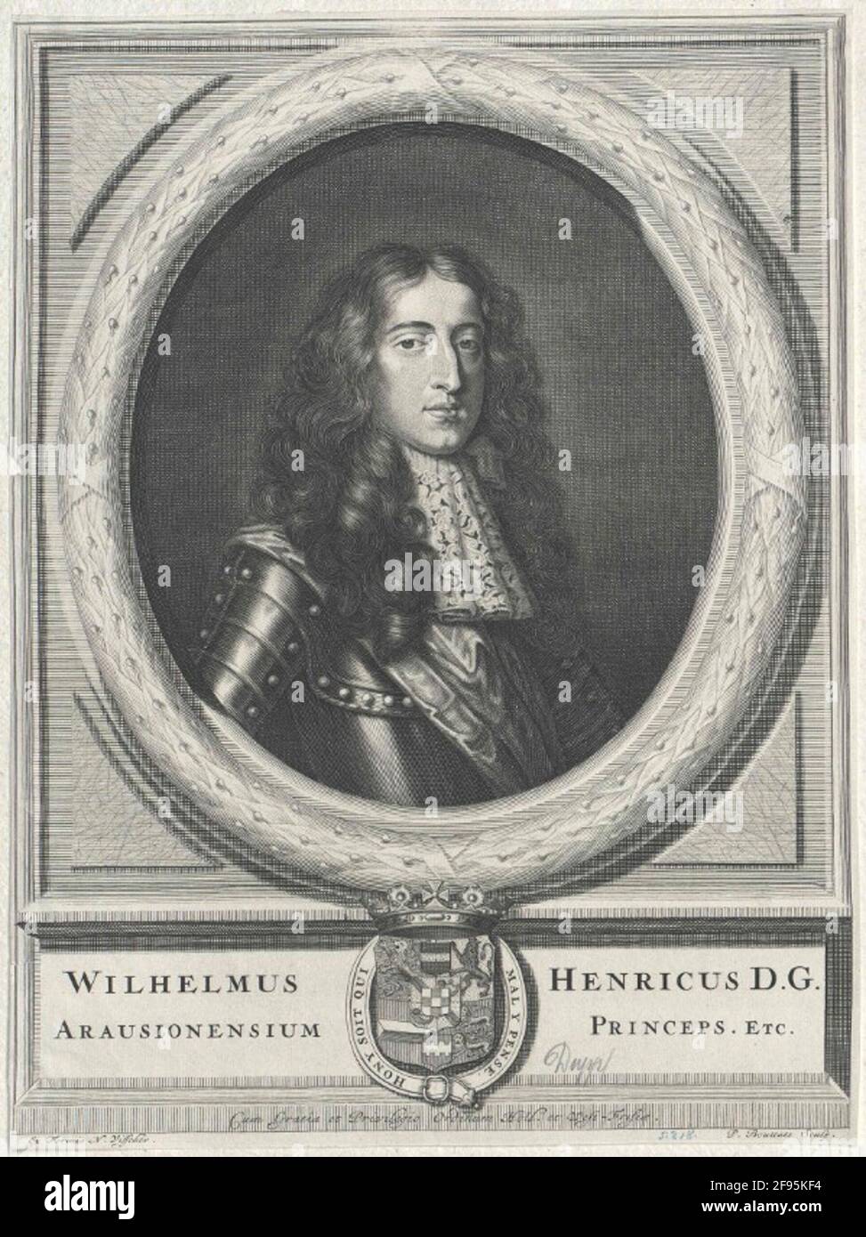 Wilhelm III., Prinz von Orania, König von England Brustbild, halb rechts; mit Allon Perücke, Top-Jabot; in Harnic; Feldverband um die rechte Schulter; der ovale Rahmen, beweist mit einem Kranz aus geperlten gewundenen Lorbeerblättern, in rechteckigen Schreddern mit hervorstehenden Eckstücken; Unten, an der hellen Podestvorderseite, mittig gekröntes Wappen, umgeben vom Devisenband des Hosenbandordens; auf beiden Seiten zweizeilig lateinisch. Legende; nummeriert innerhalb der Präsentation lat. Privilegien beachten Sie die Stände von Holland und Westfriesland; außen links von der Verlegerin Notiz, rechts die ena Stockfoto