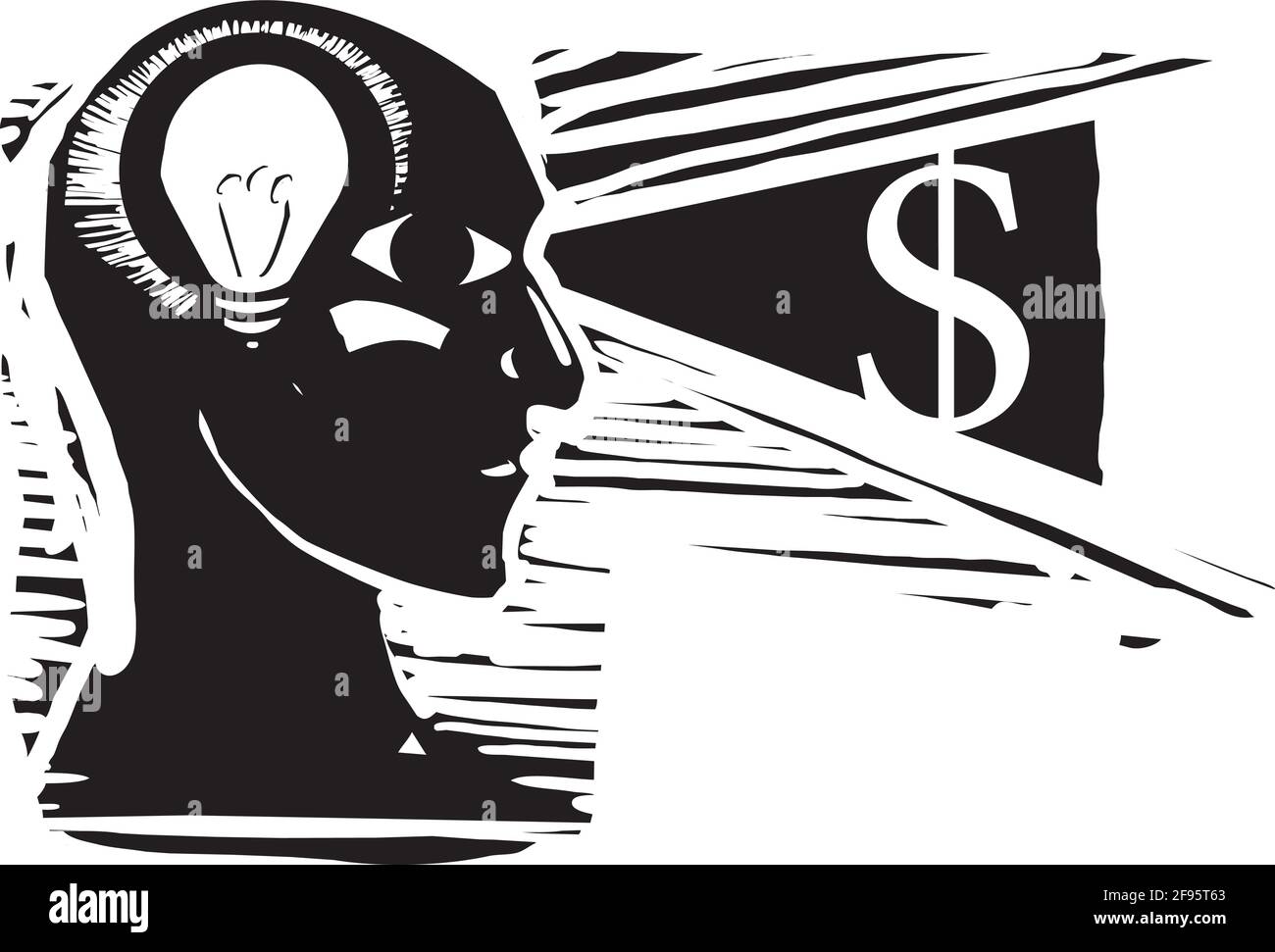 Im expressionistischen Stil gehaltene Holzschnitt-Abbildung eines Mannes mit einer Glühbirne im Kopf, die ein Dollarzeichen beleuchtet. Stock Vektor