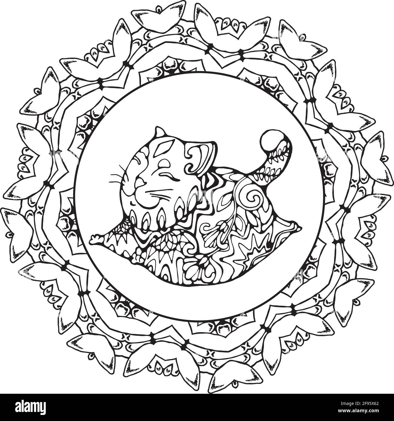 Glückliche Katze in Yoga-Pose mit Ornament und Lächeln. Blumenmandala. Stock Vektor