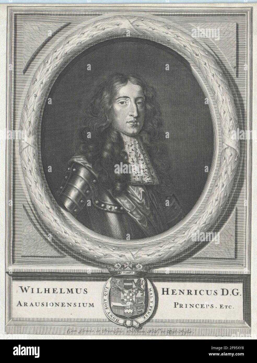 Wilhelm III., Prinz von Orania, König von England Brustbild, halb rechts; mit Allon Perücke, Top-Jabot; in Harnic; Feldverband um die rechte Schulter; der ovale Rahmen, beweist mit einem Kranz aus geperlten gewundenen Lorbeerblättern, in rechteckigen Schreddern mit hervorstehenden Eckstücken; Unten, an der hellen Podestvorderseite, mittig gekröntes Wappen, umgeben vom Devisenband des Hosenbandordens; auf beiden Seiten zweizeilig lateinisch. Legende; nummeriert innerhalb der Präsentation lat. Privilegien beachten Sie die Stände von Holland und Westfriesland; [Verleger Notiz und Emaille Bezeichnung außerhalb ar Stockfoto