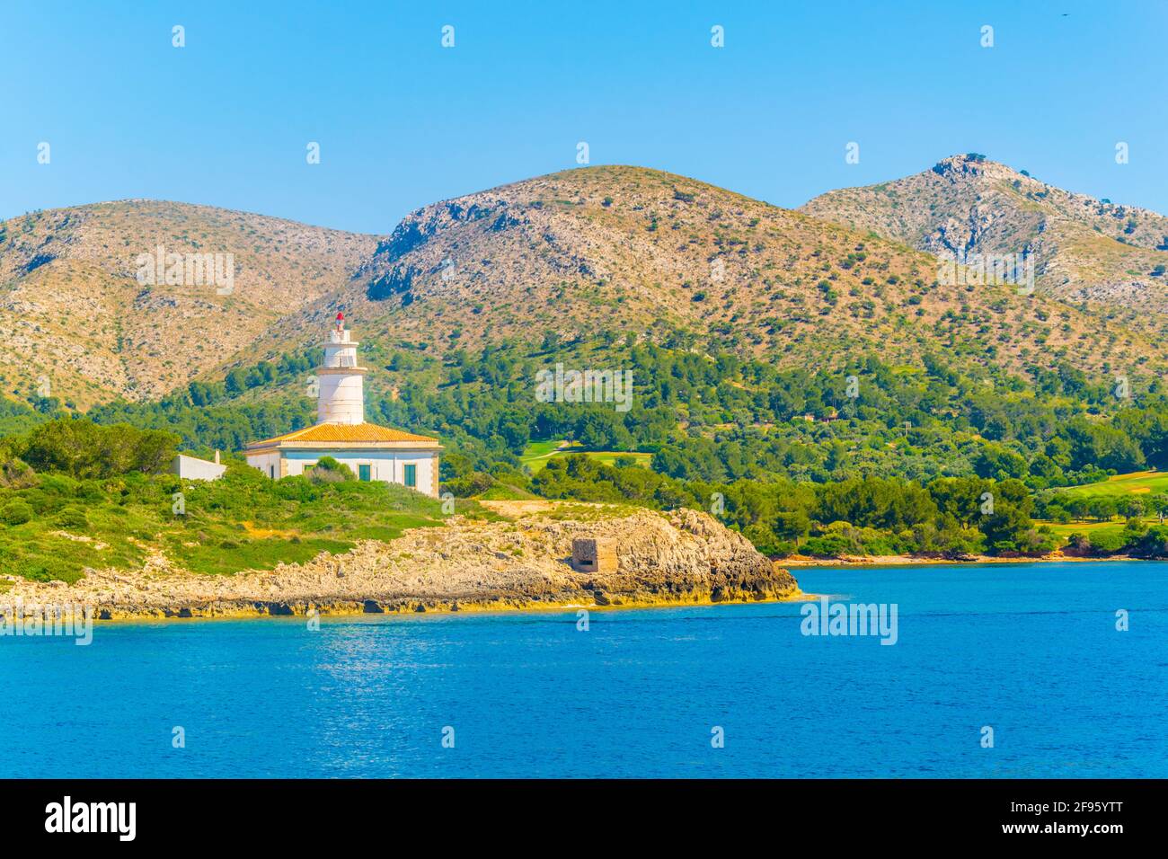 Far d'Alcanada in der Bucht von Alcudia, Mallorca, Spanien Stockfoto