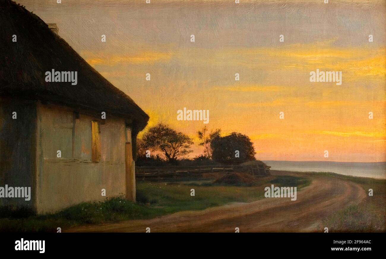 Abendliche Landschaft mit einem Haus und Garten am Meer. Ellekilde von Carl Heinrich Bloch (1834-1890), Öl auf Leinwand, 1880 Stockfoto