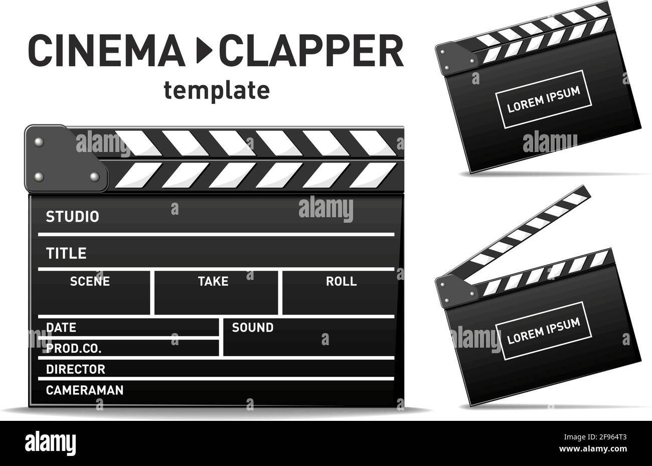 Vorlage für Film-Clap-Board. Öffnen und Nahaufnahme des Kinoklappers. Vektor auf transparentem Hintergrund Stock Vektor