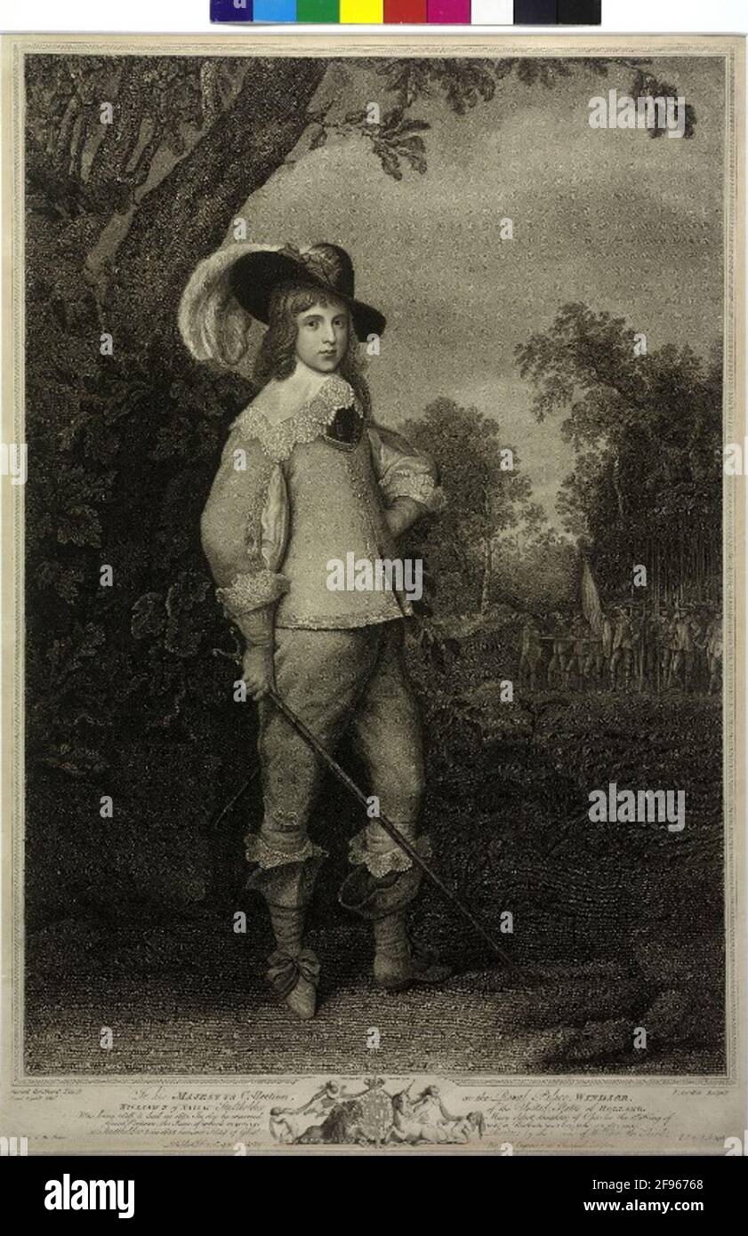 Wilhelm II., Prinz von Oranien, Graf von Nassau im Alter von fünfzehn Jahren im Vordergrund einer englischen Jagdgesellschaft (anlässlich seiner Hochzeit in London 1641): Allein vor einer aufgeschütteten Pflanze und Baumpflanze auf der linken Seite, rechts stehend ein Waldlicht: Volle Figur, halb von rechts; mit gestrecktem Hut, Schulterkragen mit gelappter Spitze, Nackenbrücke; in WAMS mit Schlitzhülsen und Zierborten; Umgewandelte Spitzen an den Ärmelenden über den Handschuhen und über den Schlaufengeschüttelten Manschetten; mit einer schrägen Gewehrgabel haltend, die linke seitlich angehoben in die Seite gestielt; im Hintergrund ein l Stockfoto