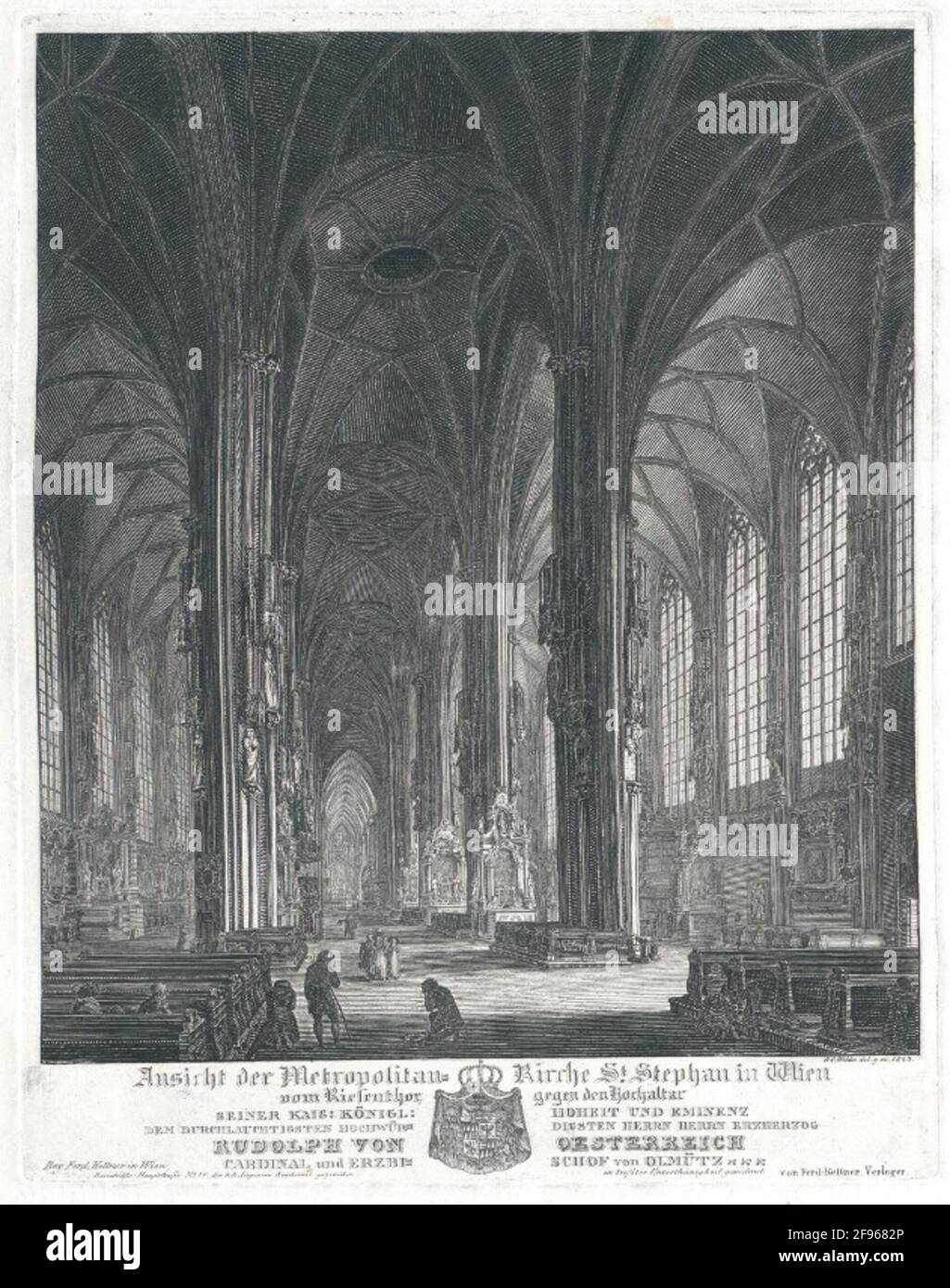 Blick auf die Metropolkirche St. Stephan in Wien vom Riesenhorquer gegen die Hochaltarweihe: Sein Kai. Royal. Hoity und Eminence der am weitesten verbreitete größte Herr Archherzog Rudolph von Oesterreich Kardinal und Erzbischof von Olomouc Stockfoto