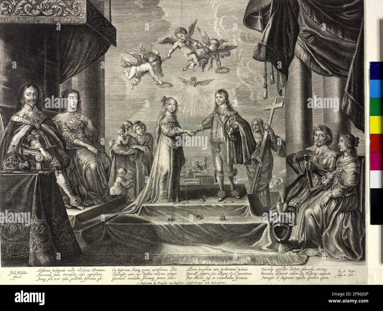 Wilhelm II., Prinz von Oranien, Graf von Nassau Allegorische Szene über seine Ehe mit Maria Stuart, Prinzessin von England (12. Mai 1641): Das frisch Vermählte (er ist fünfzehn, sie ist zehn Jahre alt, sieht aber etwas älter aus) im Zentrum auf einer zweistufigen, bedeckten, mit Blumen verstreuten Estrade stehend, die sich die rechte Hand erreichen; über den Heiligen Geist in Form einer strahlenden Taube und drei geflügelten Genies schwebend; Zwei von ihnen halten das Paar von zwei Lorbeerkränzen fest; Maria steht rechts von Wilhelm, weil sie als eine Königstochter von zwei Stufen höher eingestuft wurde als die des Bräutigams, die c Stockfoto