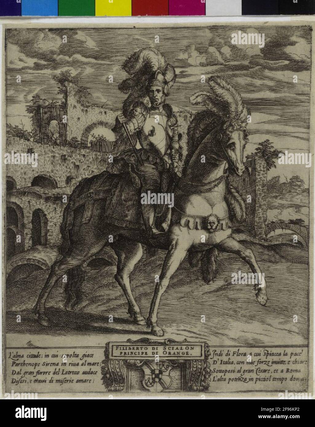 Philibert von Chalon, Prinz von Oranien, ganze Figur zu Pferd, von links nach vorne, rechts nach oben gerichtet; als Sieger, vor der Ruine in der Natur des römischen Kolosseums reitend Ankunft in Harnisch mit Aufstellhaken, Stich auf die Achsel; Straußenfedern am Helm und am Kopf seines Pferdes; Someways zurück auf den befehlsbasierten Befehlen rechts am rechten Oberschenkel; statt in einer Patrone seinen italienischen Nähstreifen über seinem Wappen; auf beiden Seiten eine vierzeilige Spalte mit italienischen Versen. Kupferstich. Ohne Bezeichnung. Stockfoto