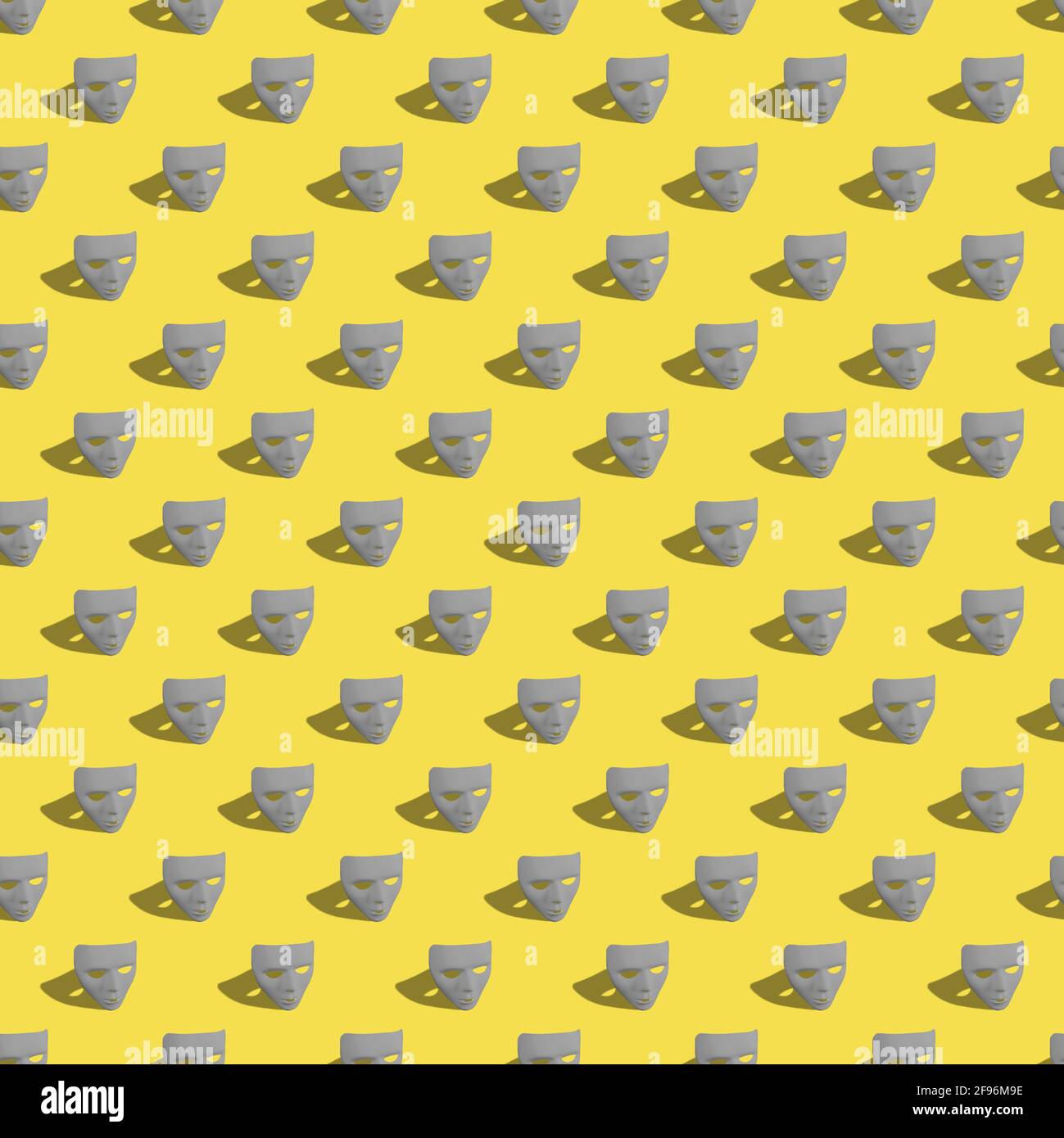 Nahtlose kreative Muster-Layout mit Ultimate Grey Farbe Karneval Masken auf leuchtend gelben Hintergrund gemacht. Mardi Gras oder Karneval Maske Konzept. Stockfoto