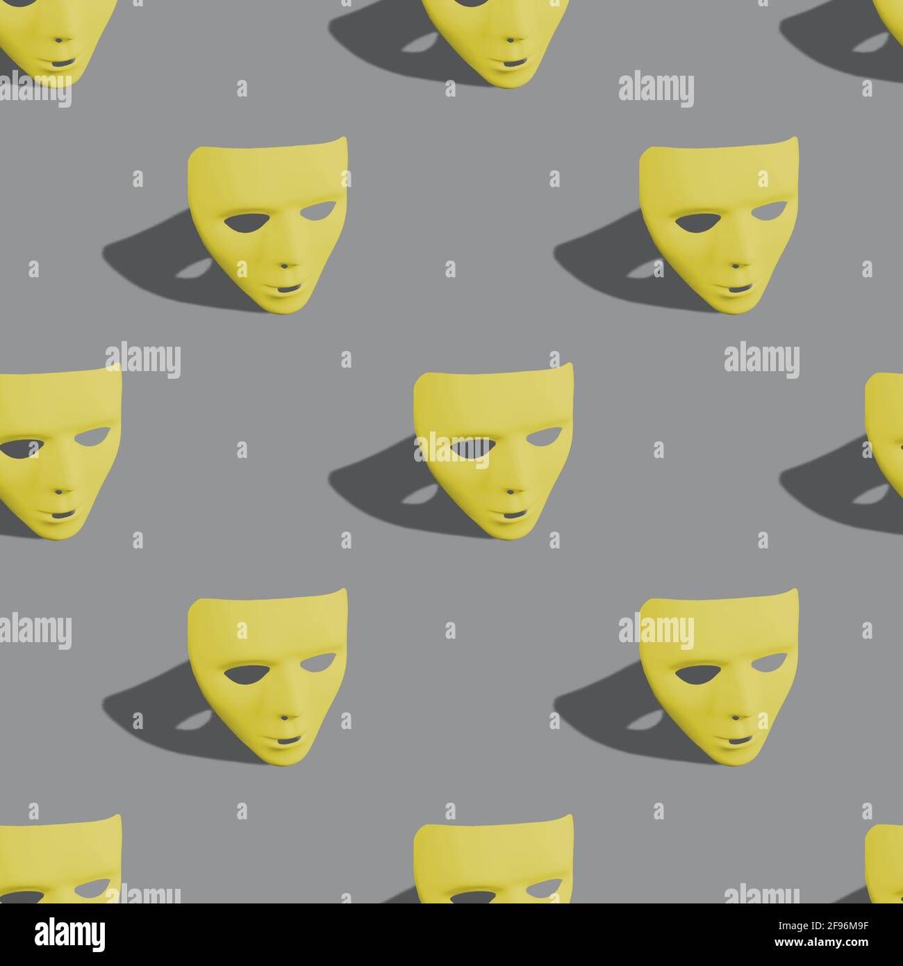 Nahtlose kreative Muster-Layout mit leuchtenden gelben Farbe Karneval Masken auf Ultimate Grey Hintergrund gemacht. Mardi Gras oder Karneval Maske Konzept. Stockfoto