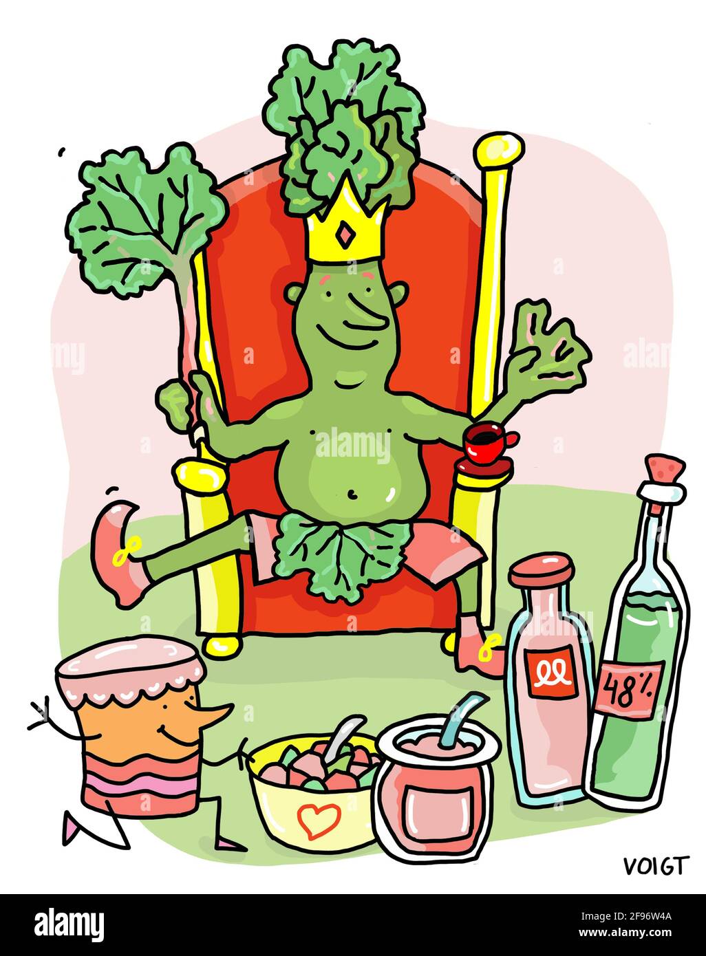 Illustration, Cartoon, König Rhubarb sitzt auf seinem Thron und ist begeistert von all dem guten Essen, das von ihm gemacht wurde. Stockfoto