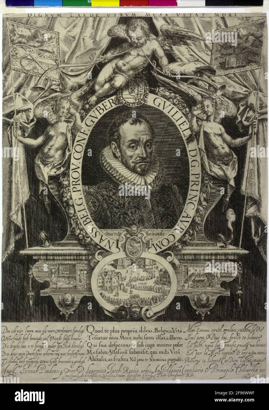 Wilhelm I., Prinz von Oranien, Graf von Nassau Chest, zur Hälfte rechts; Barhaupt, mit Schnurrbart, kurz fest, markante Bartfliege; In gemustertem wams mit vorne gespaltenem Hals-Crimp; oval; lateinisch transkript, im Untersegment Lat. Fühlend; mit Girlande von Früchten verknittert, in Konsolenumrahmung; Höllentapierei; das Wappen, das von der bäuerlichen Vlieskolane umgeben ist, wird leicht von einem Genie verdeckt, der zwei Posaunen, die links und rechts gehalten werden, mit lateinischen Inschriften gleichzeitig bläst; Die beiden Engelsfiguren, die auf beiden Seiten des Rahmens wachsen, halten ein Emblem und stehen unter ihnen Stockfoto