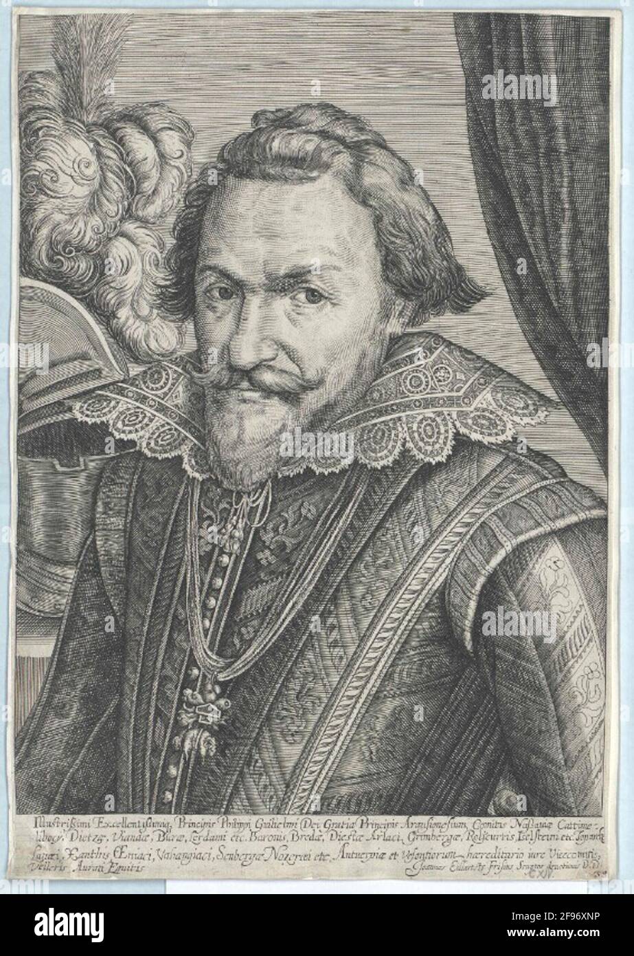 Philipp Wilhelm, Prinz von Oranien, Graf von Nassau Chest, halb von links; BARHAUPT; mit Schnurrbart, kaltbären, Fester Arm; erhöhte Relay-Cheles mit gelappter Kante; in geschlossenem, gestreiftem Tal, hängender Fleece-Dorn auf dem Bruststreifen; zusätzlich zur rechten Schulter ein gespeicherter federgeschüttelter Helm; Draperie über der linken Schulter; unten unvollständiges Latein. Legende (im Genetiv) und Widmung des Stiches (im Nominativ). Kupferstich von Johannes Eillarts. Nothed rechts alte handgeschriebene numerische Kerbe (Bleistift, Tinte) Stockfoto