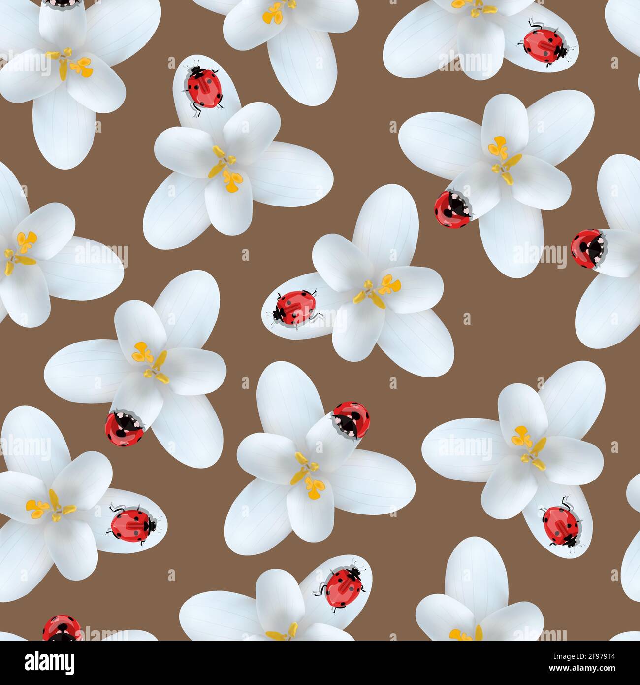 Nahtloses Muster mit Krokusblüten mit Marienkäfer auf Blütenblättern Brauner Hintergrund Stock Vektor