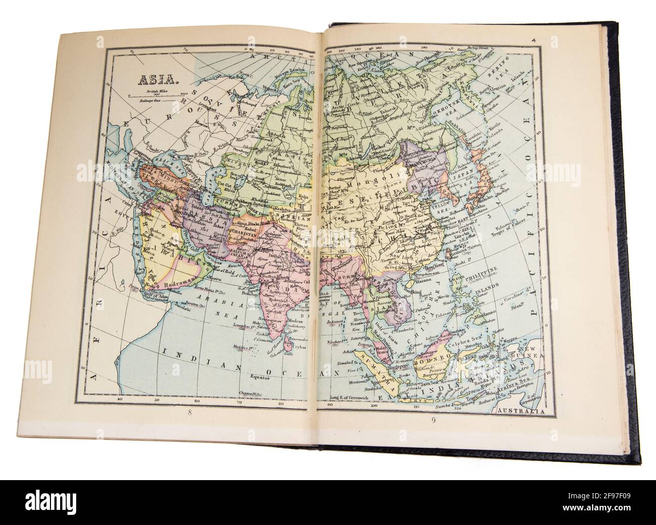 Karte von Asien in der New Standard Encyclopedia and World Atlas, veröffentlicht von Odhams in London im Jahr 1932 und zeigt den britischen Commonwealth in Pink Stockfoto