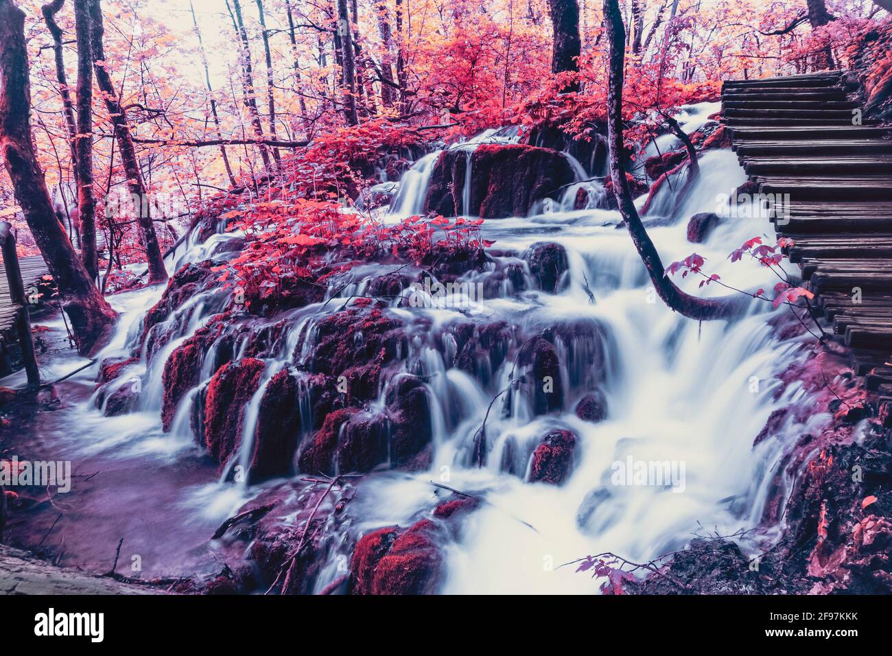 Viel Wasser, rote Blätter und atemberaubende Natur im Nationalpark Plitvicer Seen in Kroatien. Das Bild ist farblich manipuliert. Stockfoto