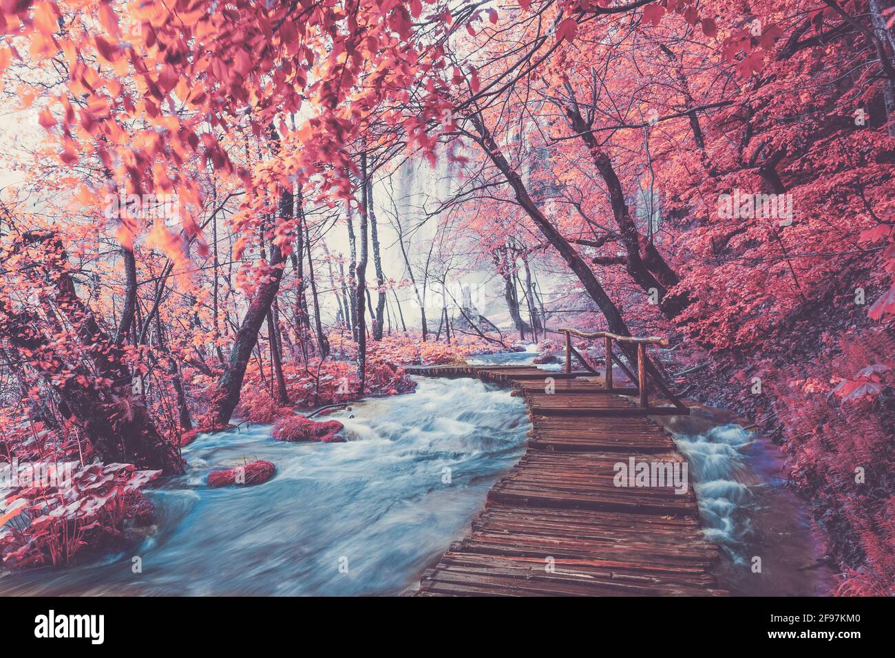 Viel Wasser, rote Blätter und atemberaubende Natur im Nationalpark Plitvicer Seen in Kroatien. Das Bild ist farblich manipuliert. Stockfoto