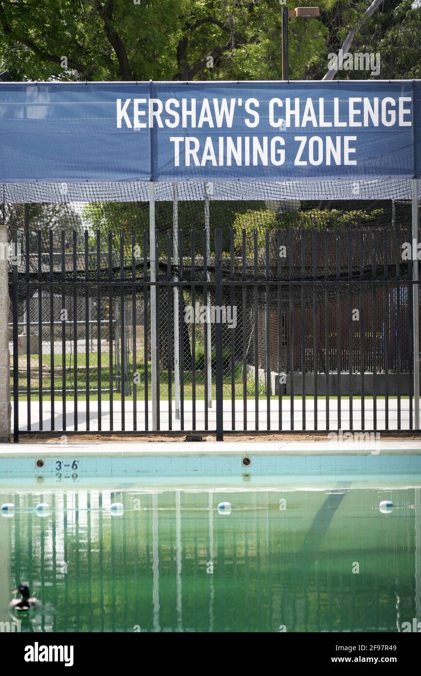 Eine Ente watet in einem Schwimmbad im Kershaw's Challenge Training Zone während der Los Angeles Dodgers DreamfieldsRibbon-Cutting Zeremonie bei Gonzales Par Stockfoto