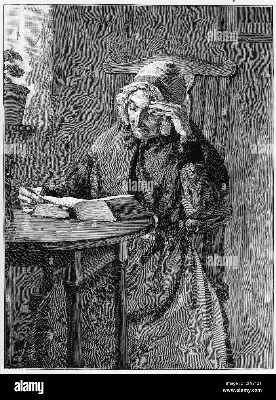 Eingraviertes Porträt einer älteren Frau, die ihre Bibel liest, um 1870 Stockfoto