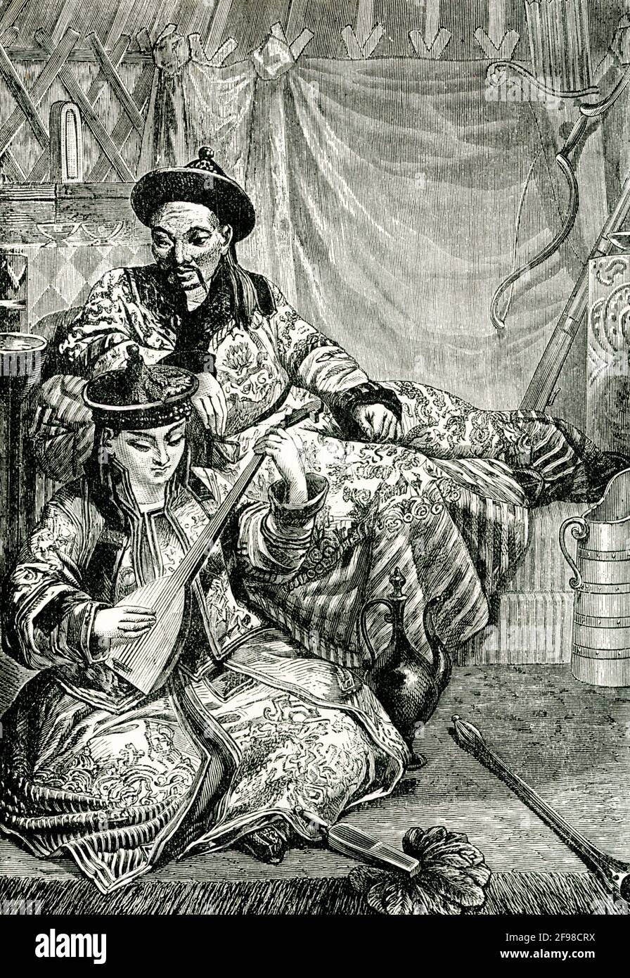 Die Bildunterschrift für diese Illustration von 1883 lautet: Chinesischer Mandarin und Ehefrau. In China ist eine Mandarine ein Beamter in einer der neun besten Klassen des ehemaligen kaiserlichen chinesischen öffentlichen Dienstes. Stockfoto