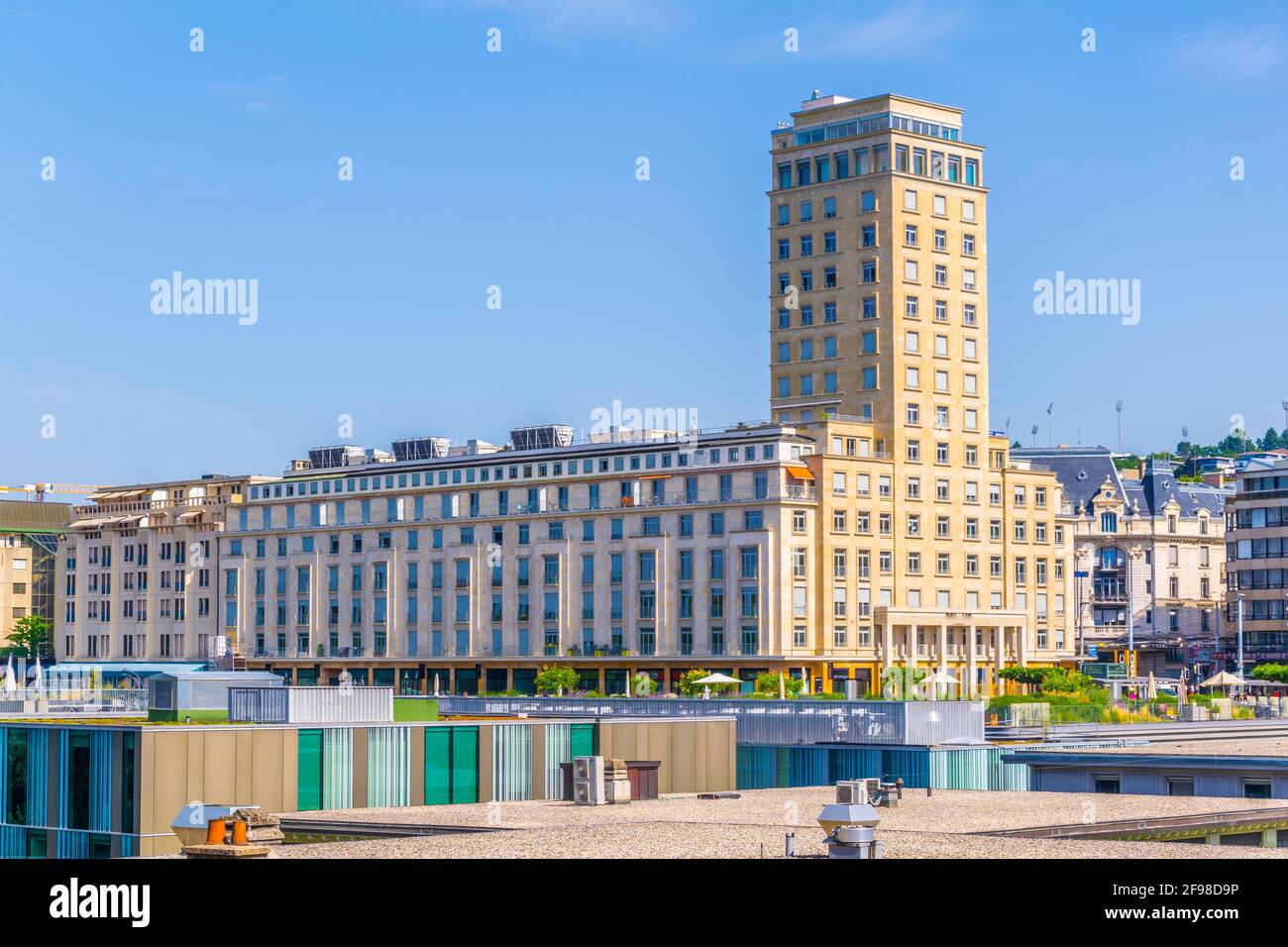 Luftaufnahme des Bel-Air-Turms in Lausanne, Schweiz Stockfoto