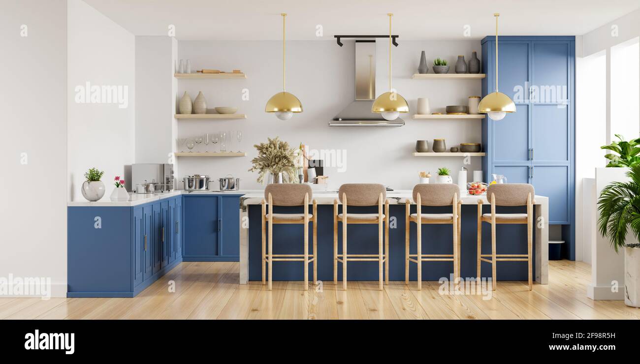 Modernes Kücheninterieur mit Möbeln.stilvolles Kücheninterieur mit weißer Wand.3D Rendering Stockfoto
