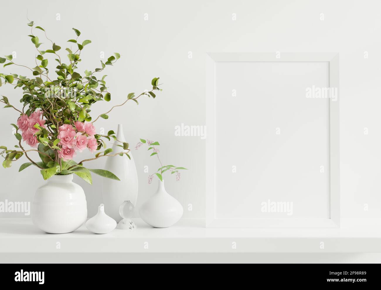 Mockup Posterrahmen auf Regal im inneren Hintergrund.3d-Rendering Stockfoto