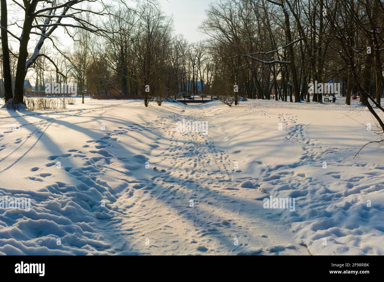 Kleiner enger gefrorener Fluss im Stadtpark der Stadt Luckenwalde, Spuren im Schnee der Menschen Stockfoto