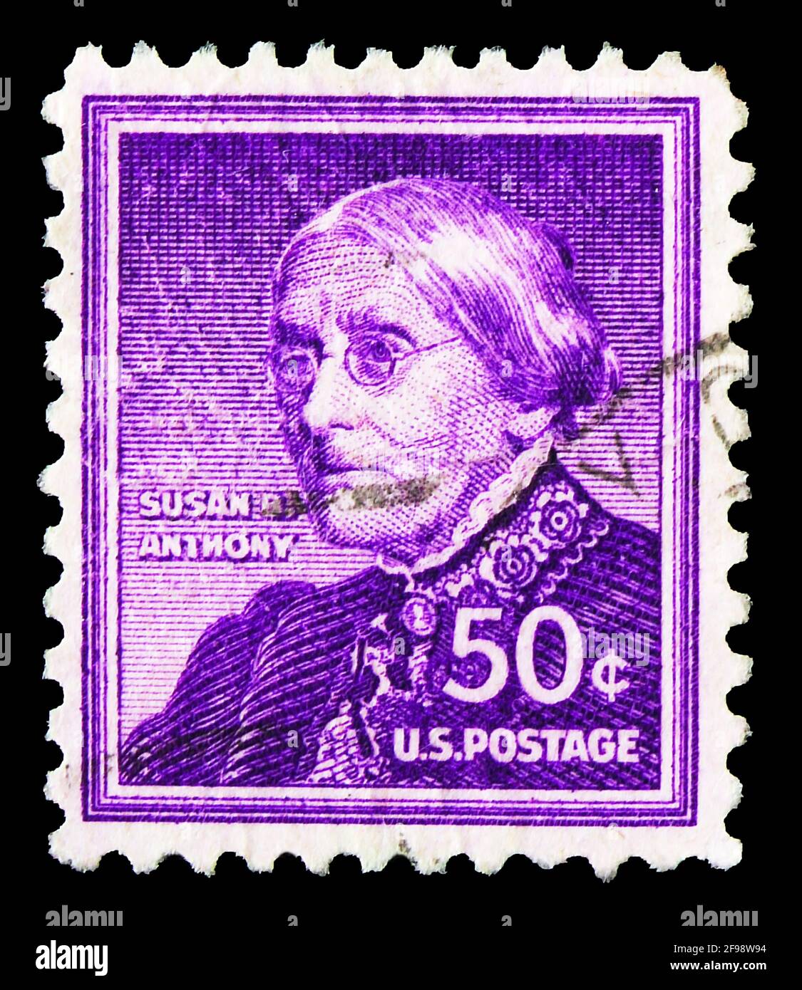 MOSKAU, RUSSLAND - 4. NOVEMBER 2019: Die in den USA gedruckte Briefmarke zeigt Susan B. Anthony (1820-1906), Frauenrechtlerin, Liberty Issue s Stockfoto