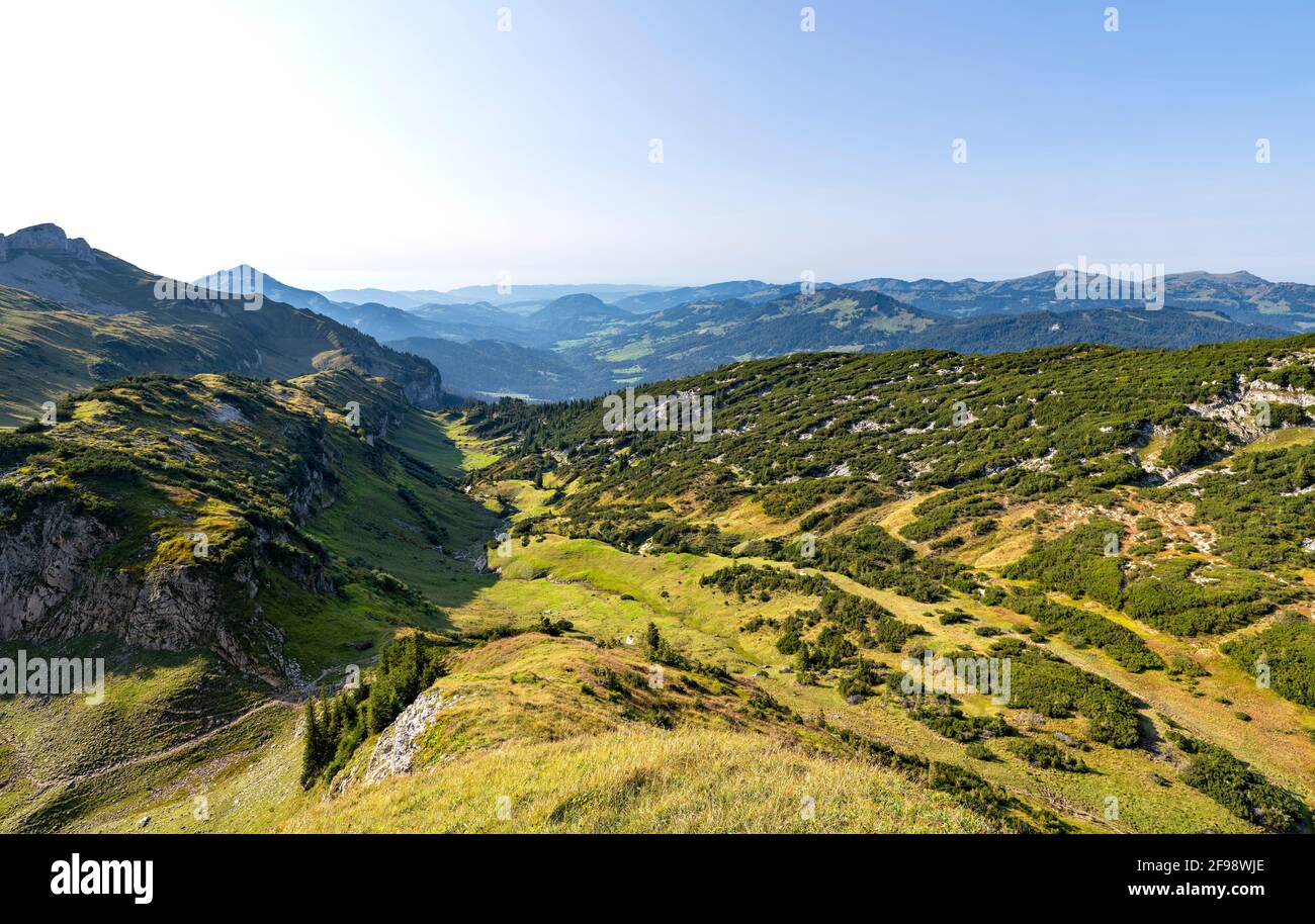 Alpine Berglandschaft im Naturschutzgebiet hoher Ifen an einem sonnigen Spätsommertag. Im Hintergrund Bregenzerwald und Nagelfluhkette. Allgäuer Alpen, Bayern, Deutschland, Vorarlberg, Österreich Stockfoto