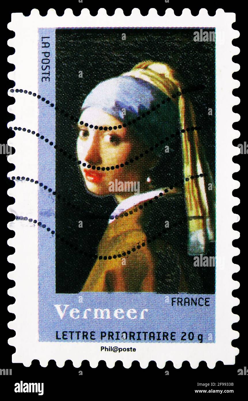 MOSKAU, RUSSLAND - 4. NOVEMBER 2019: Die in Frankreich gedruckte Briefmarke zeigt Jan Vermeer: Mädchen mit Perlenohrring, Gemälde der Serie 2008, um 2008 Stockfoto