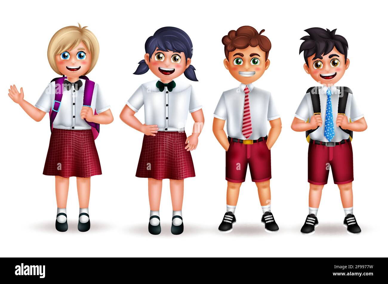 Zeichenvektorsatz der Schule. Back to School Student 3d-Figuren in freundlicher Pose und Gesten tragen Uniform isoliert auf weißem Hintergrund. Stock Vektor